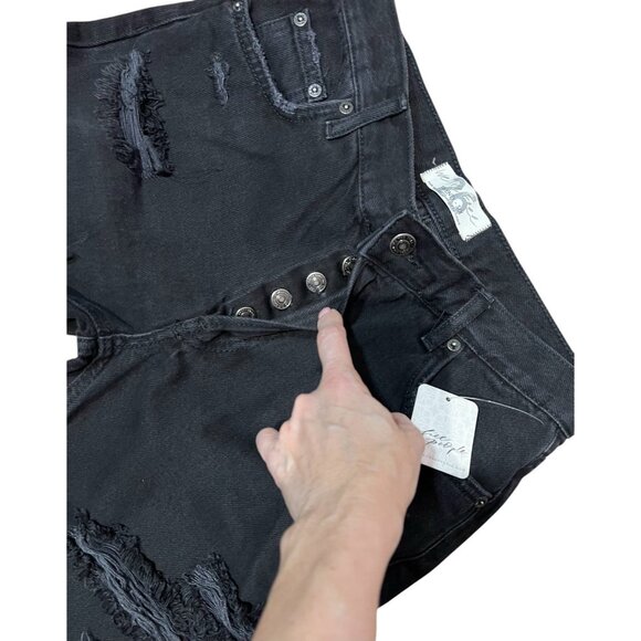 Free People Mid Rise Baggy Distressed Black Fray Straight Leg Jeans Size 26 - Picture 10 of 14